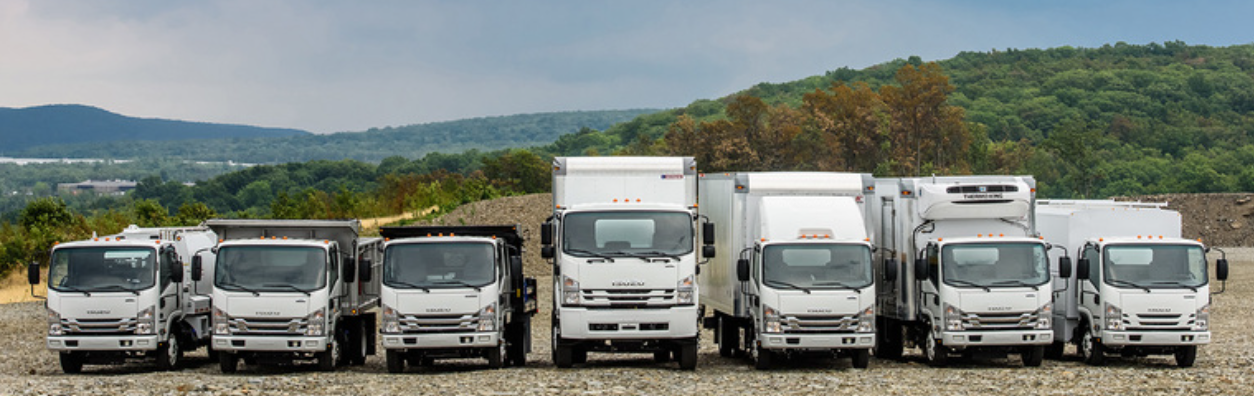A lineup of Isuzu trucks that are parked on a gravel lot with hills in the background.